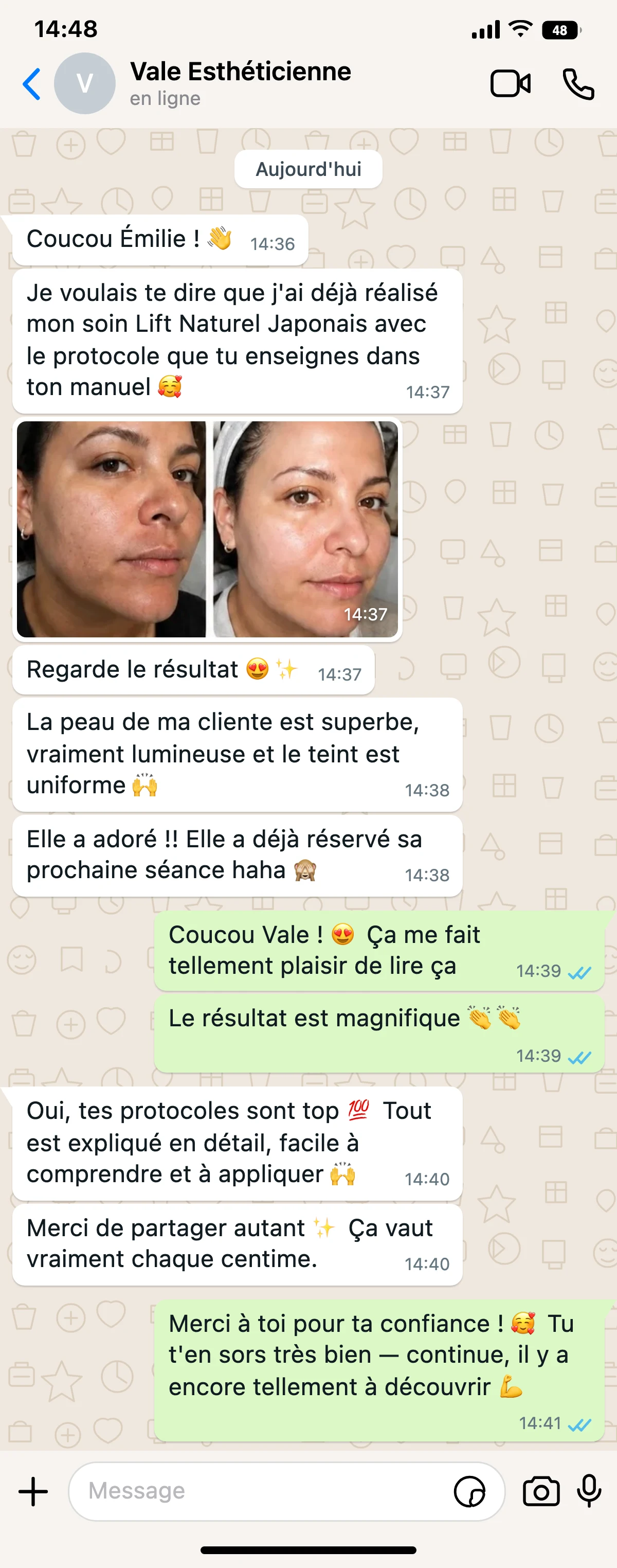 Témoignage WhatsApp — Vale, esthéticienne