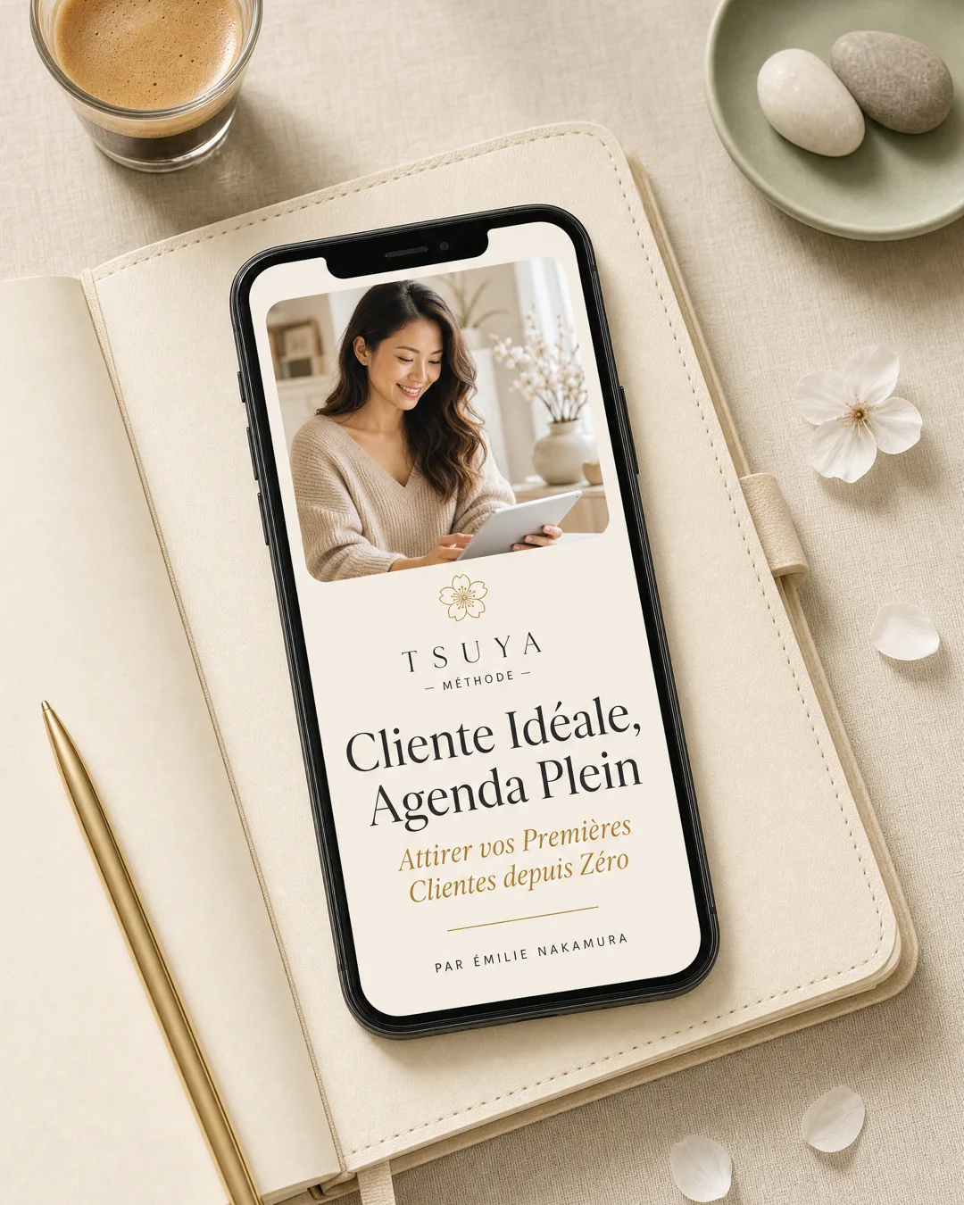 Smartphone affichant le bonus Cliente Idéale, Agenda Plein — attirer vos premières clientes