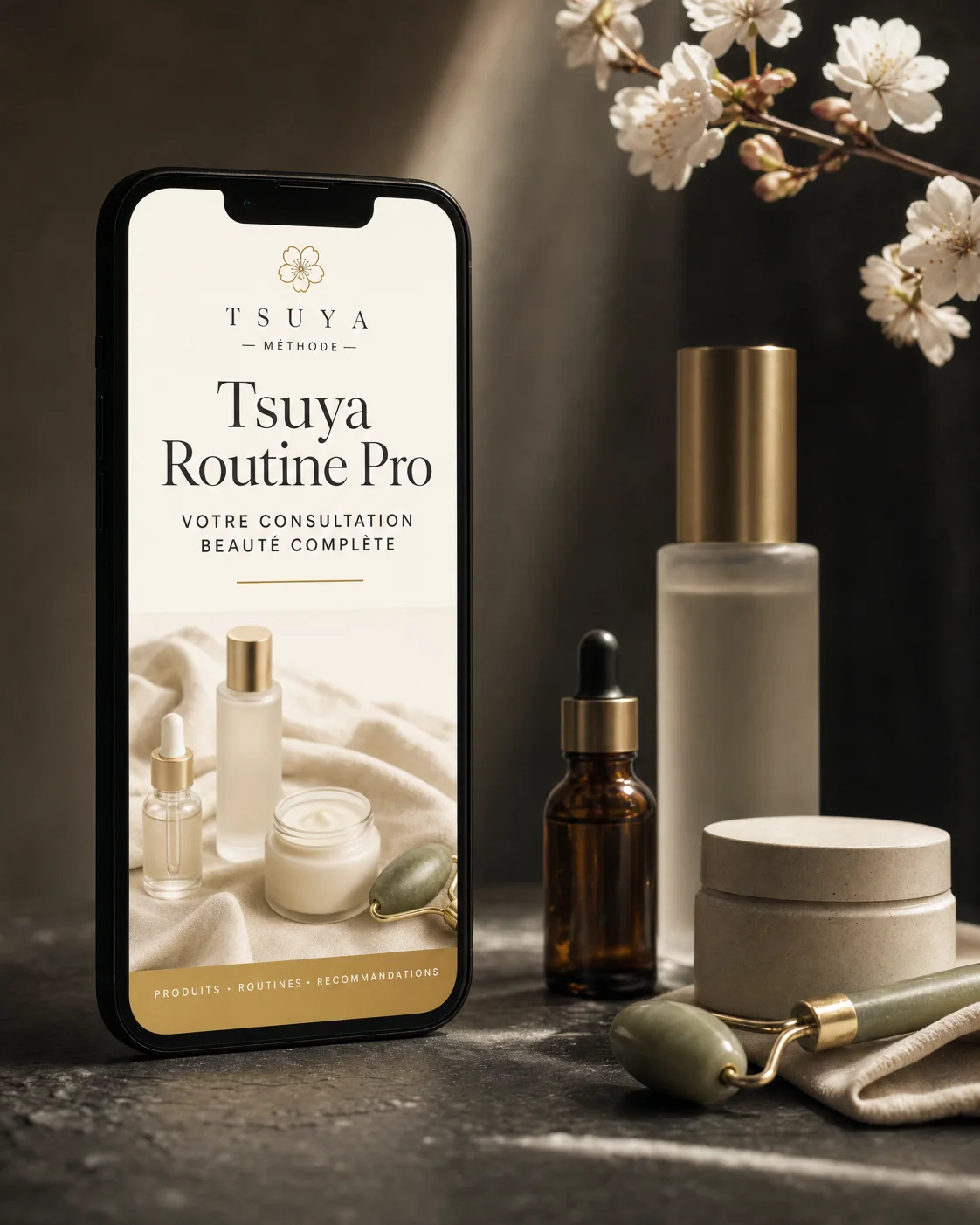 Smartphone affichant le bonus Tsuya Routine Pro — votre consultation beauté complète