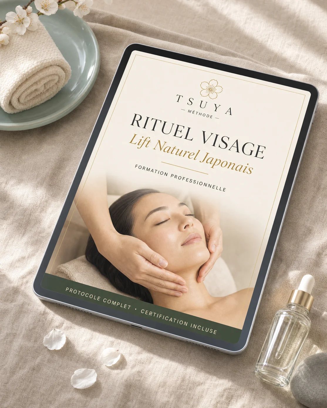 Tablette affichant la couverture de la formation Tsuya — Rituel Visage, Lift Naturel Japonais